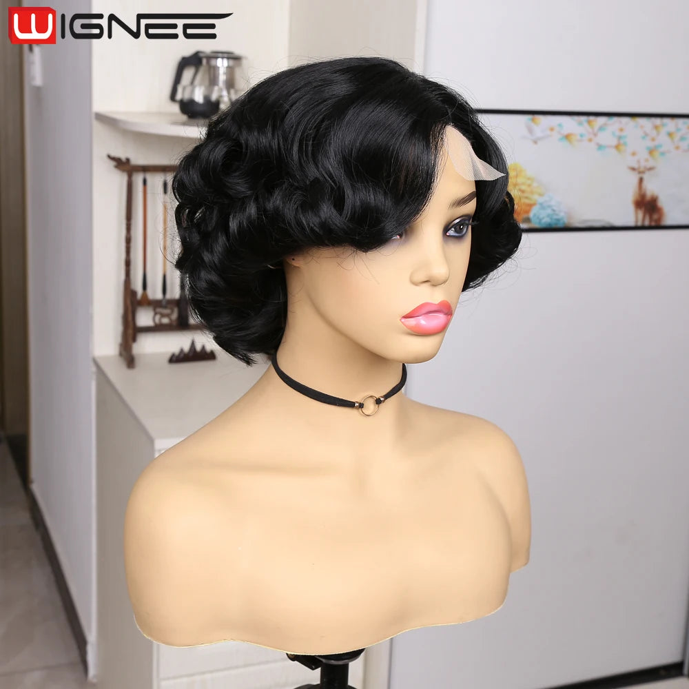 Ali Synthetic Hair WIGNEE Pixie Short Wigs Synthetic Hair Body Wave Wig Side Part Lace Wig Natural Hair Wigs For Women Black Wig Heat Resistant