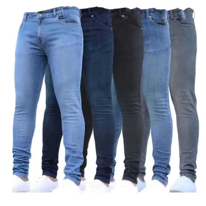 Ali Solid Color Fashion Men Casual Pants Stretch Jeans Skinny Work Trousers Male Wash Slim Fit for Zippered Jeans Men Clothing