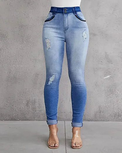 Ali Jeans Woman High Waist 2022 Summer Trend Denim Zip Fly Ombre Ripped Skinny Pocket Button Daily Long Jeans