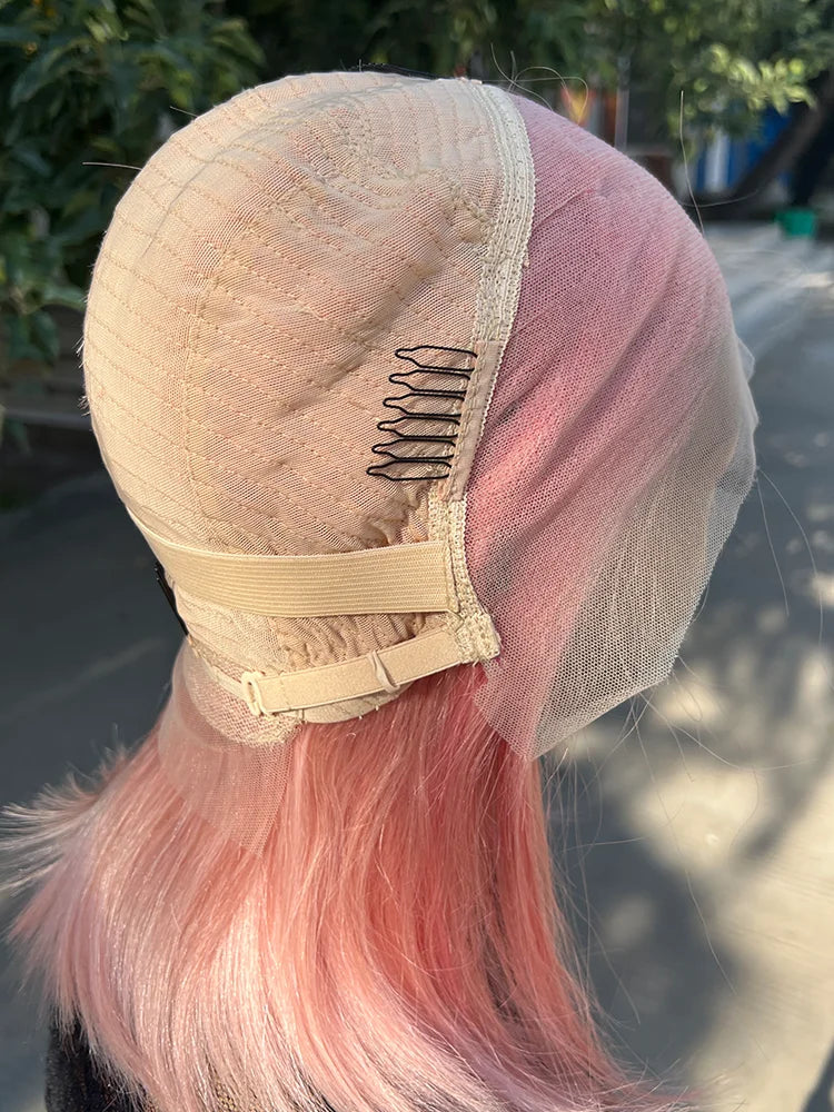 Ali Ali Rose Pink Short Colored Bob Human Hair Wigs Brazilian 13X4 Straight Lace Front Wigs Transparent Lace Pre Plucked Glueless Wig