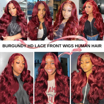 Ali 99j Burgundy Wig 13x4 HD Transparent Lace Front Human Hair Body Wave Red Colored Lace Frontal Wig Brazilian Human Hair Wigs
