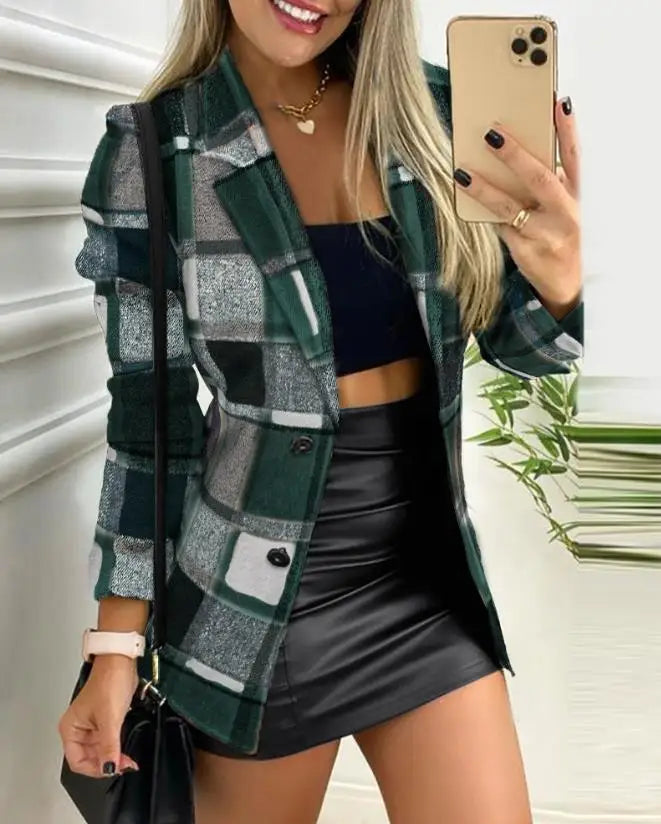 Ali Plaid Print Button Front Long Sleeve Coat Casual Work Office Jacket Office Lady Outfits Autumn and Winter Women's Fashion Coat