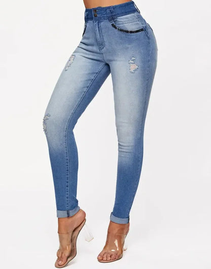 Ali Jeans Woman High Waist 2022 Summer Trend Denim Zip Fly Ombre Ripped Skinny Pocket Button Daily Long Jeans