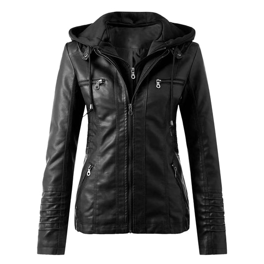 Ali Women's Slim PU Leather Jacket Korean Fashion Hoodies Pocket All Match Women Clothes Gothic Motorcycle Wear Unisex Clothes Coats