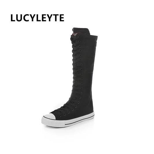 Ali 2017 New Fashion 3Colors Women's Canvas Boots Lace Zipper Knee High Boots Boots Flat Shoes Casual High Help Punk Shoes Girls