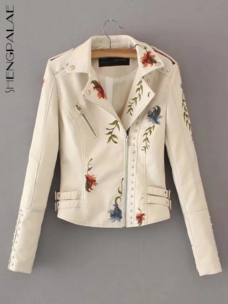 Ali SHENGPALAE PU Leather Embroidered Rivet Coat Moto & Biker Streetwear Zipper Overcoat Women's Jackets 2024 Spring Clothes FR250