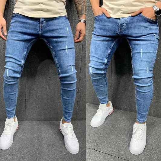 Ali New Men's Sweatpants Sexy Hole Jeans Pants Casual Autumn Male Ripped Skinny Stretch Trousers Slim Biker Blue Pencil Pants S-3XL