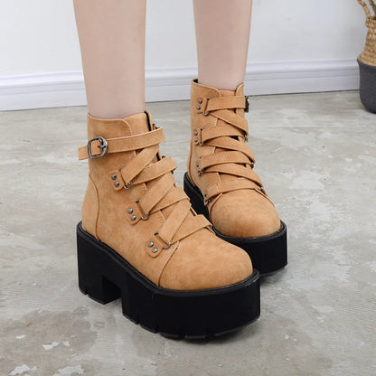 Platform Boots Rubber Sole Buckle Black