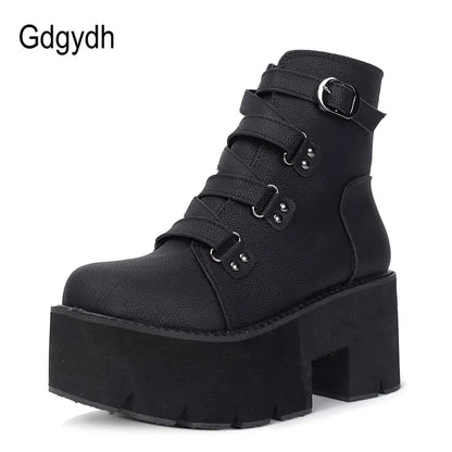 Platform Boots Rubber Sole Buckle Black