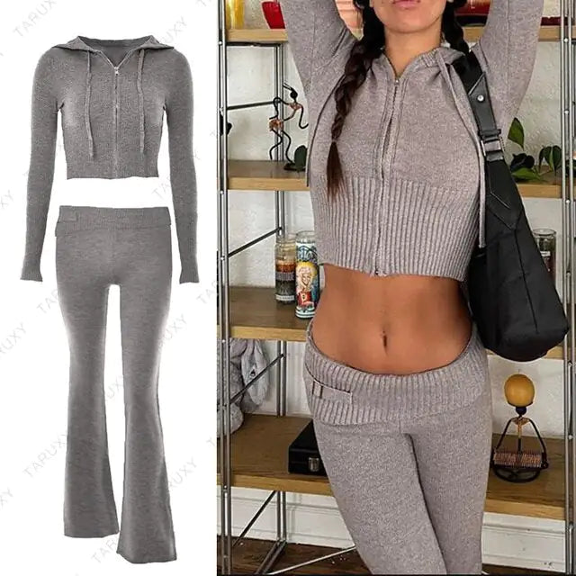 Knitted Zip-Up Two Piece Set Clothing