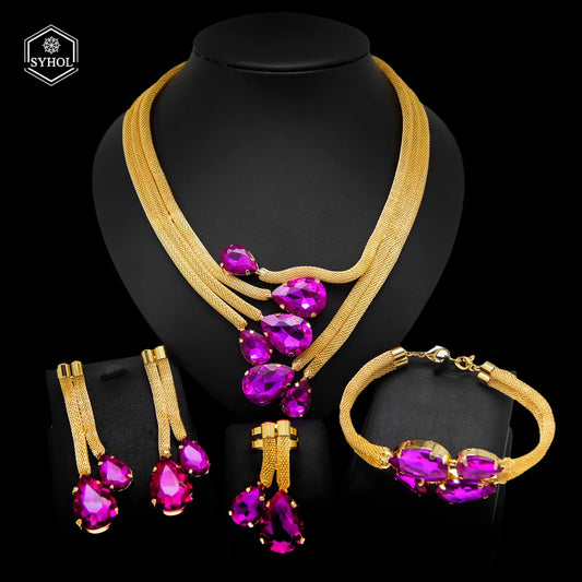 Ali Woman Necklace Jewelry Set Fashionable Brazilian Gold Style Original 24K Gold Plated Purple and Champagne Zircon Pendant SYHOL