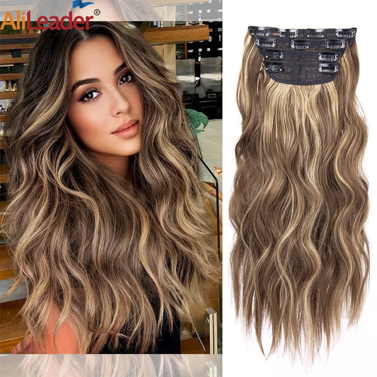 Ali Synthetic Hair 4Pcs/Set 20Inch Synthetic Hair Clip In Long Wavy Thick Hairpieces For Women Full Head Synthetic Hair Extensions Ombre Hairpieces