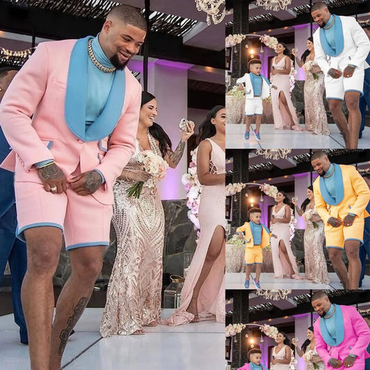 Ali Men's Blazers 2022 Pink Men's Suit Groom Dance Short Pants Tuxedos 2 Piece Best Beach Wedding Best Man Blazer Father And Son Male Suit Set