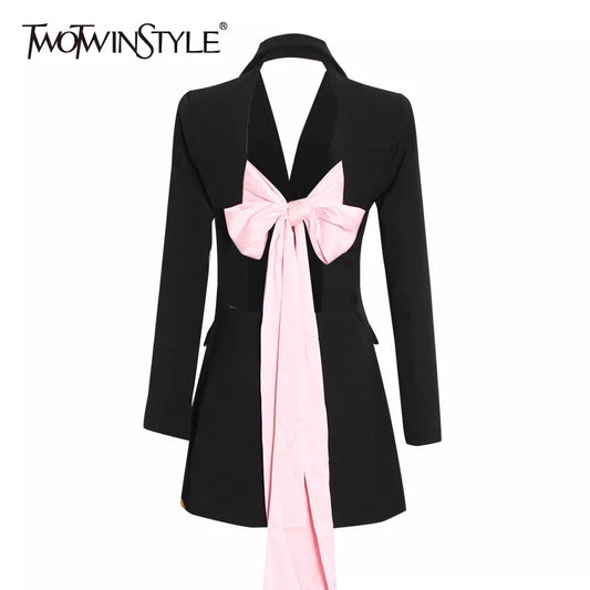 Ali Women's Suits Blazer TWOTWINSTYLE Backless Hit Color Bowknot Lace-up Women's Blazer Notched Long Sleeves Slim Fit Coats Female 2022 Spring Fashion