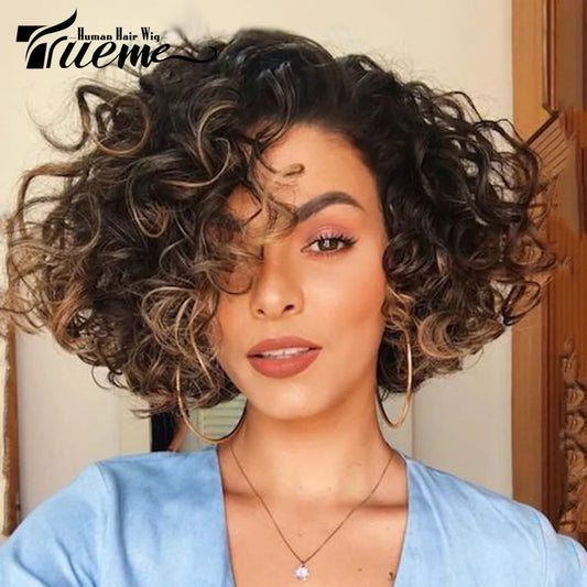 Ali Human Hair Trueme Curly Human Hair Wigs Colored Water Curly Bob Lace Human Wigs For Women Ombre Blonde Brazilian Deep Wave Lace Part Wig