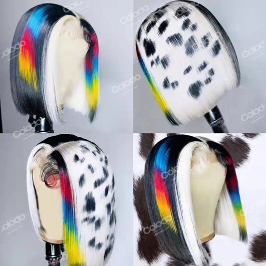 Ali Human Hair  Dalmatian Print Rainbow Wig Pre Plucked Bob Wig Lace Front Human Hair Wigs Pre Plucked Brazilian Remy Transparent Lace Wigs
