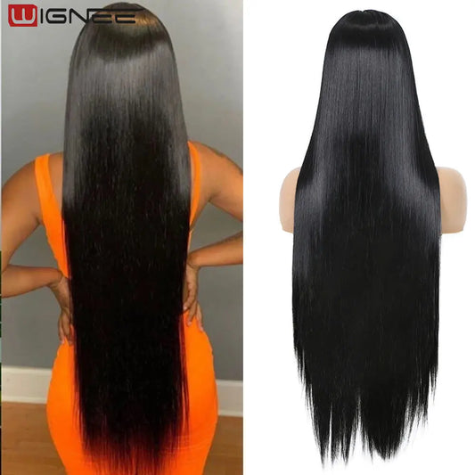 Ali Synthetic Hair Wignee Long Straight Wig 30 Inch Black Wig Middle Part Lace Wigs With High Lights Synthetic Hair Wigs For Black Women Cosplay