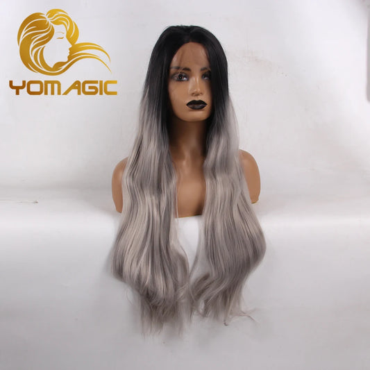 Ali Synthetic Hair Yomagic Ombre Gray Synthetic Hair Lace Front Wigs for Women Natural Hairline Glueless Lace Wigs 1B Gray