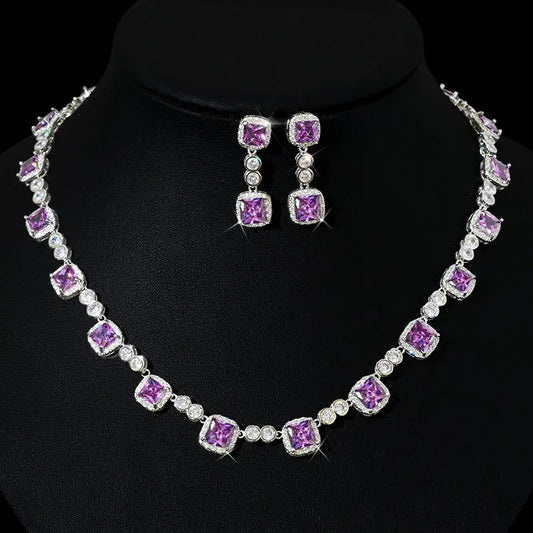 Ali Elegant 14K White Gold Lab Amethyst Diamond Jewelry set Party Wedding Earrings Necklace For Women Bridal sets Engagement Jewelry