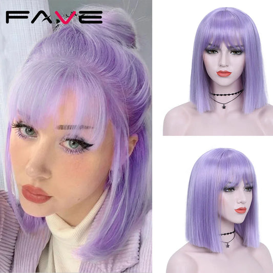 Ali Synthetic Hair FAVE Wig With Bangs Light Purple Shoulder Length Synthetic Hair Bob Straight Hair For Black And White Women Daily Life Party
