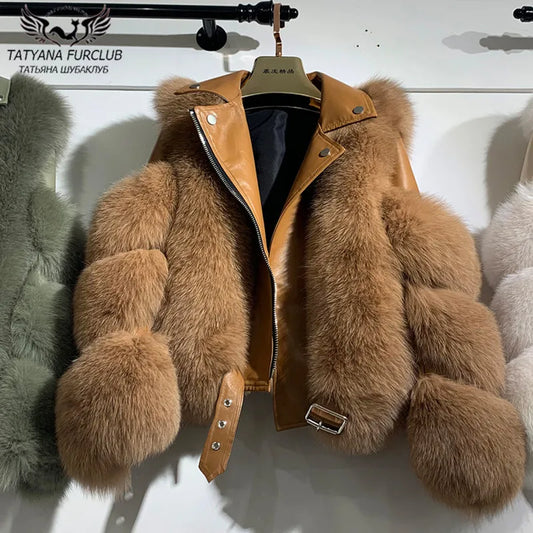 Ali Fashion Real Fox Fur Coats With Genuine Sheepskin Leather Whole skin Natural Fox Fur Jacket Outwear Luxury Women 2022 Winter New