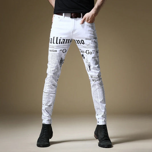 Ali Men's Jeans Free shipping new fashion male men's Jeans Slim Newspaper style high street jeans tide brand hip hop white trousers Korean style