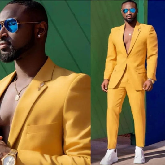 Ali Men's Blazers 2022 Fashion Yellow Notch Lapel Costume Homme Men Suits Prom Slim Fit Tuxedo Wedding Groom Terno Masculino Blaser 2 Pieces