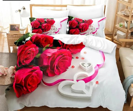 Ali Flower Duvet Cover Set Bed Single Red Rose Quilt Cover 3D Comforter Bedding Sets 3pcs with Pillow Case King Size Full Wedding
