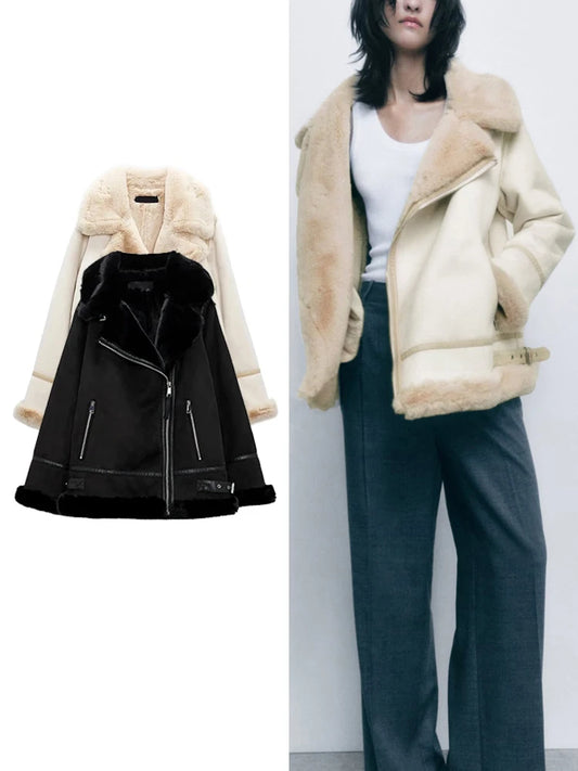 Ali TRAF Women's Thickened Warm Fashionable Coat Autumn and Winter Lapel Long Sleeve Front Zipper Pocket Women's Fleece Jacket