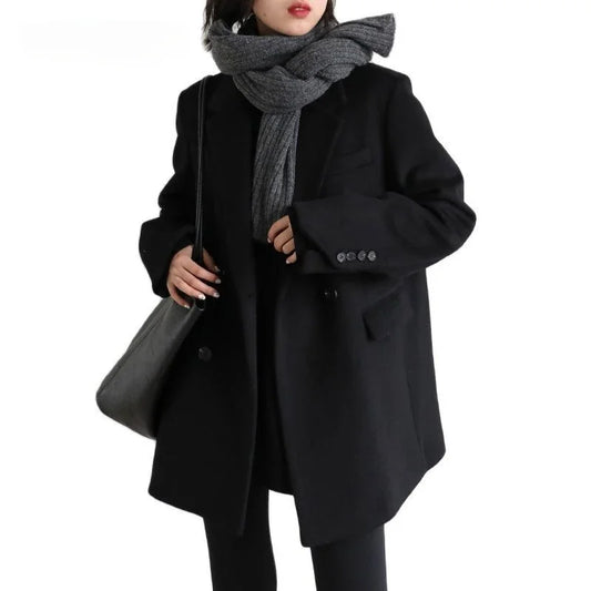 Ali Women Wool Blend Coat Solid Mid Long Woolen Blazer Thick Warm Blouse Women's Overcoat Office Lady Tops Autumn and Winter 2023