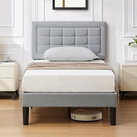 Ali Bed Frame with Adjustable Headboard, Upholstered Button Tufted Platform Bedframe with Wood Slats Support, No Box Spring Needed
