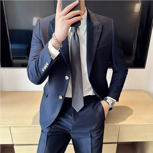 Ali Men's Blazers Jacket + Pants 2 Pieces Men's Elegant Fashion Slim Fit Suits Formal Business Wedding Tuxedos Casual Gentleman Solid Dress Suit