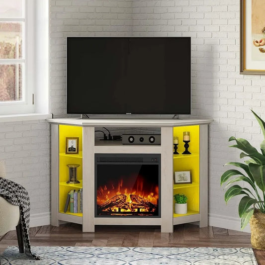 Ali Fireplace Corner TV Stand for 43" 50" 55", 47 Inch TV Stand with Power Outlets and LED Lights, Modern TV Console