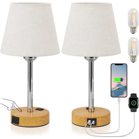 Ali Bedside Table Lamps Set of 2 -LED Bulbs Included, Touch Control Lamp with USB C+A Charging Ports & AC Outlet, 3-Way Dimmable