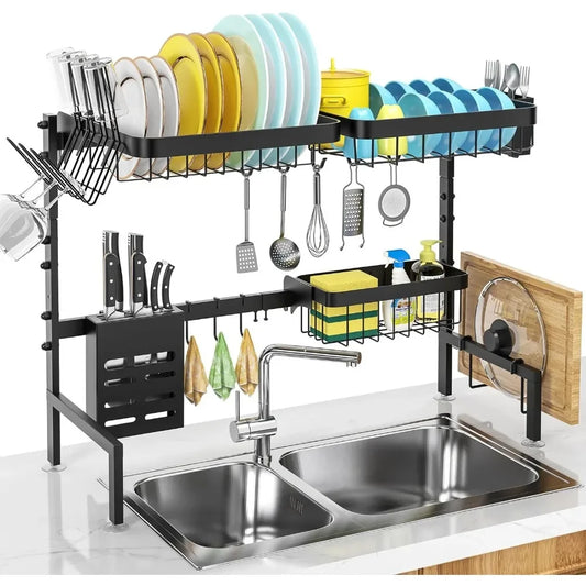 Ali MERRYBOX Over The Sink Dish Drying Rack Adjustable Length (25-33in), 2 Tier Dish Rack Over Sink with Multiple Baskets
