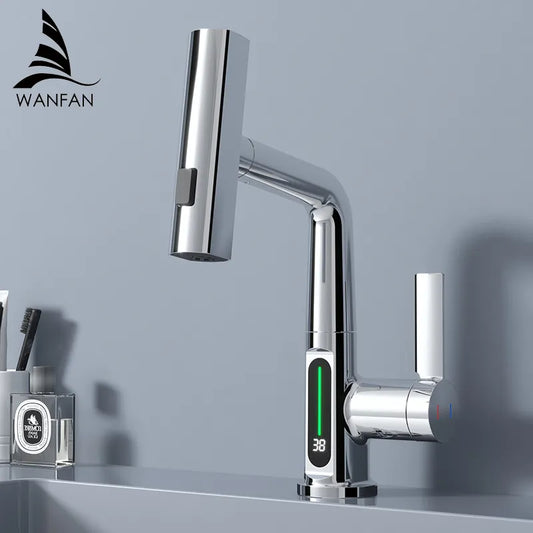 Ali Waterfall Pulling Lifting Digital Display Faucet Smart Temp Washbasin Faucet Silver Hot Cold Water Sink Mixer Tap For Bathroom
