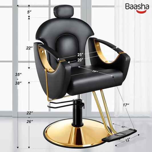 Ali Furniture Baasha Barber Chair Reclining Hair Salon Chair, All Purpose Gold Salon Chair for Hair Stylist, 360 Degrees Rolling Swivel Styl