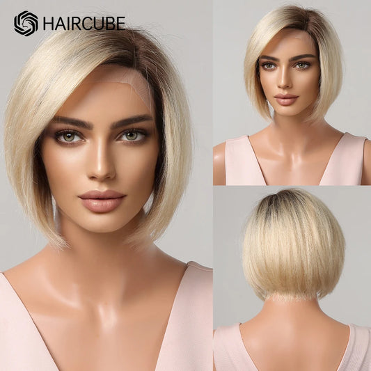 Ali Human Hair HAIRCUBE Blunt Bob Human Hair Lace Front Wigs for Women Brown Ombre Platinum Blonde Wig Short Straight 13x1 Lace Human Hair Wig