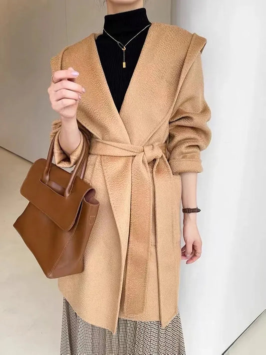 Ali Autumn Mid-length Hooded Coat Women Black Water Ripple Cashmere Coat Female New Winter Casual Lace-up Loose Beige Coat Classic