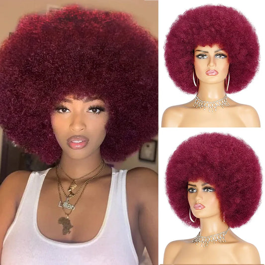Ali Synthetic Hair High Puff Afro Curly Wigs With Bangs Natural Blonde Synthetic Hair Afro Kinky Curly Wig For Black Woman Heat Resistant Daily Use