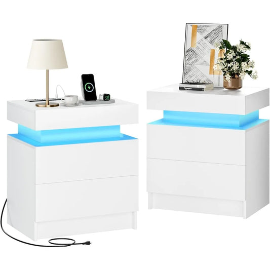 Ali Set of 2, LED Night Stand wiht 2 Drawers and Charging Station, End Table with USB Ports and Outlets, Bedside Table Bedroom,White