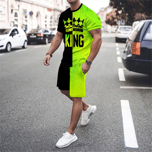 Ali men's round neck short sleeved T-shirt and shorts set 3D smiling face letter patchwork fashionable casual basketball sportswear