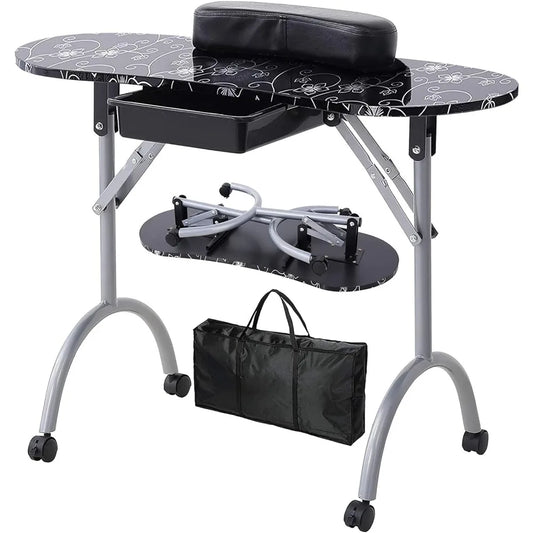 Ali Furniture Nail Table- Wellhut Portable Manicure Tables with Carrying Bag, Salon Station Foldable Nails Desk with Large Drawer, Wrist Rest
