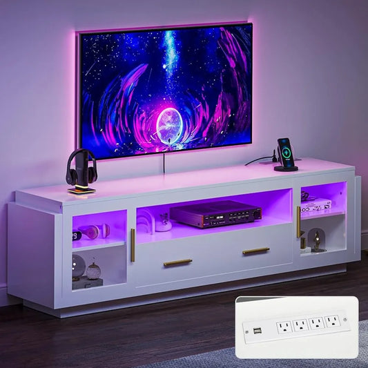 Ali TV Stand for TVs Up to 75” W/LED Power Outlets Living Room Cabinet White & Gold Dressers 70 Inches Modular Furniture Tv Salon