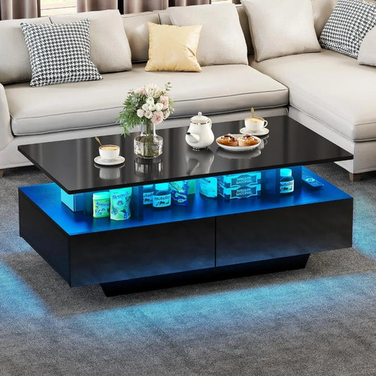 Ali Coffee Table High Glossy LED Coffee Tables for Living Room Black Small Center Table With Open Display Shelf & Sliding Drawers
