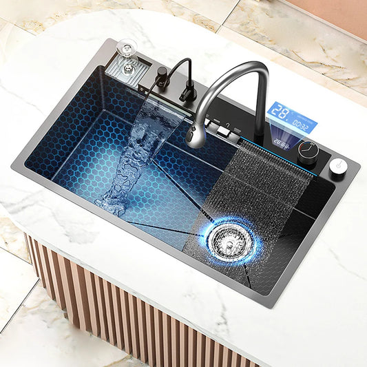 Ali Stainless Steel Waterfall Kitchen Sink Large Single Slot Digital Display Faucet Set Multifunctional Wash Basin Washing Pool