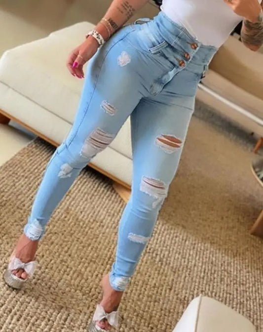 Ali Women's Jeans Women's Jeans 2022 Trend Autumn Fashion High Waist Buttoned Cutout Ripped Casual Skinny Plain Pocket Design Daily Long Jeans