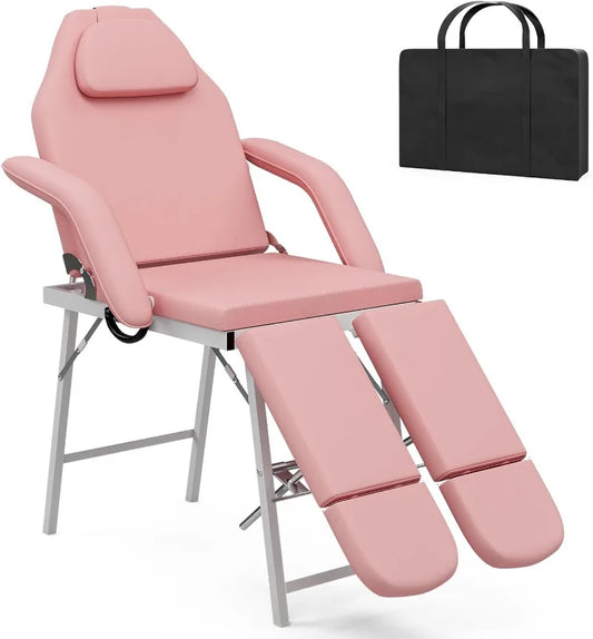 Ali Furniture Portable Tattoo Chair Split Legs for Client, Foldable Spa Chair Multipurpose Massage Table with Storage Bag, Pink