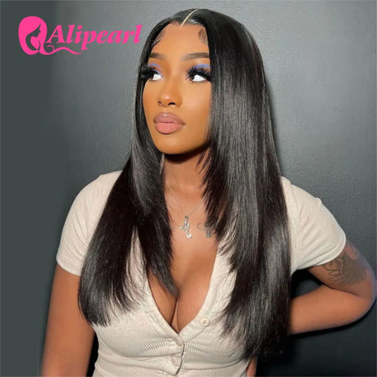 Ali Human Hair  Ali Pearl Layered Cut Lace Front Human Hair Wigs Brazilian Straight 13x4 Lace Front Wig for Women Pre Plucked 4x4 Closure Wig