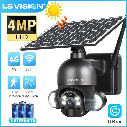 Ali LS VISION 4MP 6W Solar Camera 4G SIM /WIFI Security Outdoor Recording Humanoid Tracking Color Night Vision Wireless PTZ IP Cam